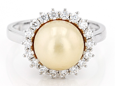Golden Cultured South Sea Pearl With Moissanite Platineve Ring