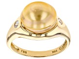 Golden Cultured South Sea Pearl With White Zircon 14k Yellow Gold Ring