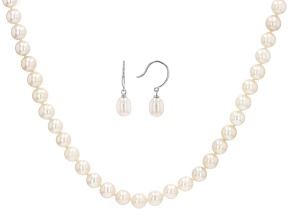 White Cultured Freshwater Pearl Rhodium Over Sterling Silver 18 Inch Necklace And Earring Set