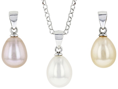 Multi-Color Cultured Freshwater Pearl Rhodium Over Silver Interchangeable Pendant Set Of 3