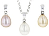 Multi-Color Cultured Freshwater Pearl Rhodium Over Silver Interchangeable Pendant Set Of 3