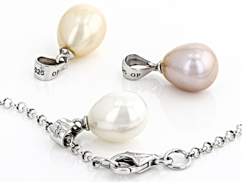 Multi-Color Cultured Freshwater Pearl Rhodium Over Silver Interchangeable Pendant Set Of 3