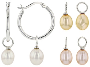 Multi-Color Freshwater Pearl Rhodium Over Sterling Silver Interchangeable Earring Set Of 3