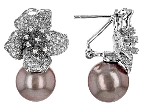 Pink Cultured Freshwater Pearl & Cubic Zirconia Rhodium Over Sterling Silver Earrings