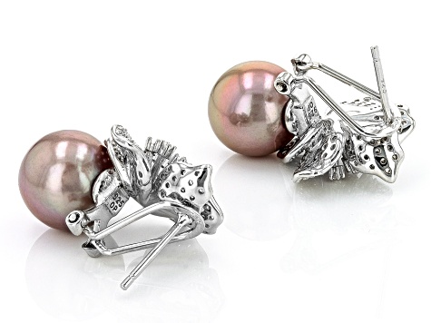 Pink Cultured Freshwater Pearl & Cubic Zirconia Rhodium Over Sterling Silver Earrings