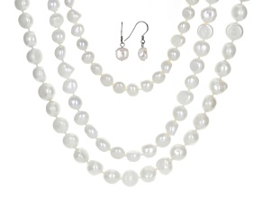 White Cultured Freshwater Pearl Rhodium Over Silver 18, 24, & 36 Inch Necklace & Earring Set