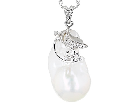 White Cultured Freshwater Pearl & Cubic Zirconia Rhodium Over Sterling Silver Pendant With Chain