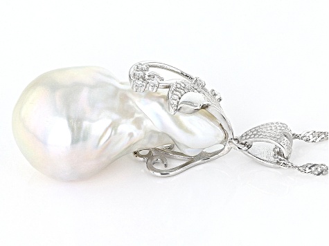White Cultured Freshwater Pearl & Cubic Zirconia Rhodium Over Sterling Silver Pendant With Chain