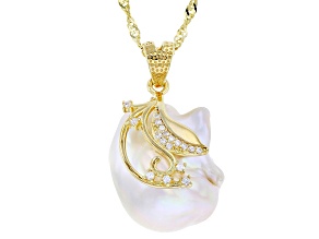 White Cultured Freshwater Pearl & Cubic Zirconia 18k Yellow Gold Over Silver Pendant with Chain