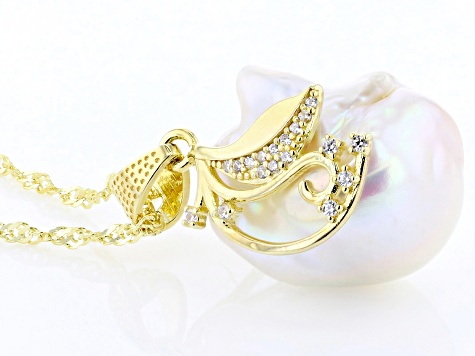 White Cultured Freshwater Pearl & Cubic Zirconia 18k Yellow Gold Over Silver Pendant with Chain