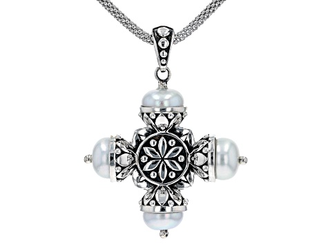 White Cultured Freshwater Pearl Sterling Silver Cross Necklace