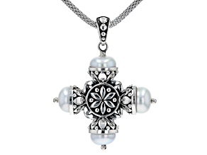White Cultured Freshwater Pearl Sterling Silver Cross Necklace