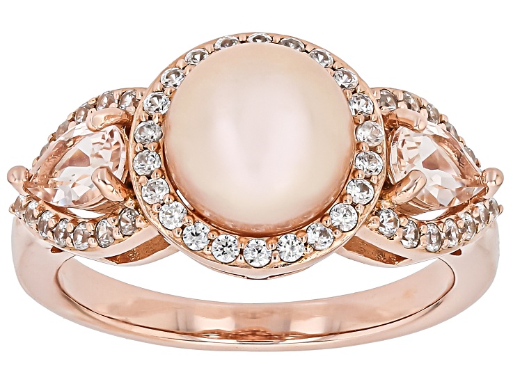 Peach Cultured Freshwater Pearl With Morganite & White Zircon 18k