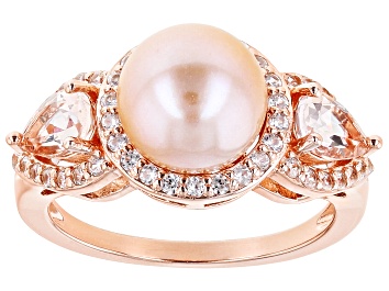 Picture of Peach Cultured Freshwater Pearl With Morganite & White Zircon 18k Rose Gold Over Silver Ring