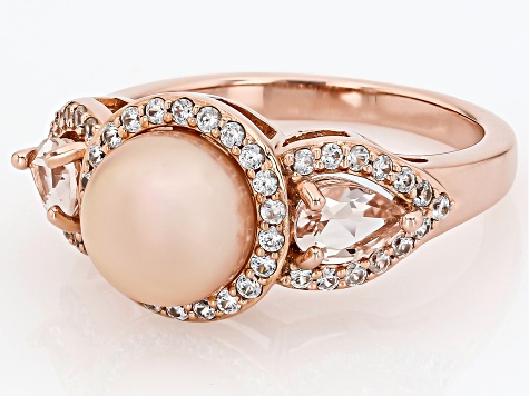 Peach Cultured Freshwater Pearl With Morganite & White Zircon 18k