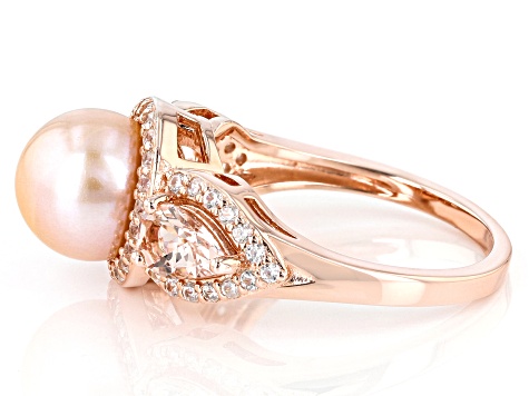 Peach Cultured Freshwater Pearl With Morganite & White Zircon 18k Rose Gold Over Silver Ring