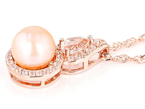 Peach Cultured Freshwater Pearl With Morganite & White Zircon 18k Rose Gold Over Silver Pendant