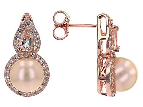 Peach Cultured Freshwater Pearl With Morganite & Zircon 18k Rose Gold Over Silver Earrings