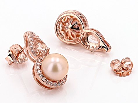 Peach Cultured Freshwater Pearl With Morganite & Zircon 18k Rose Gold Over Silver Earrings