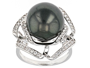 Cultured Tahitian Pearl & White Zircon Rhodium Over Sterling Silver Ring