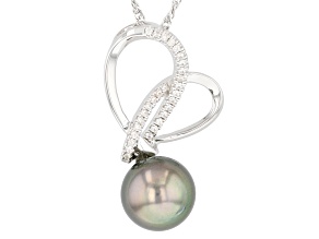 Cultured Tahitian Pearl & White Zircon Rhodium Over Sterling Silver Pendant With Chain