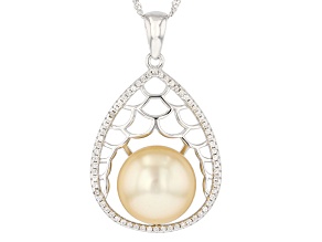 Golden Cultured South Sea Pearl & White Zircon Rhodium Over Sterling Silver Pendant With Chain