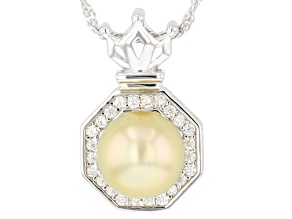 Golden Cultured South Sea Pearl & White Zircon Rhodium Over Sterling Silver Pendant With Chain