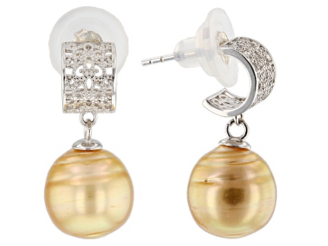 Golden Cultured South Sea Pearl Rhodium Over Sterling Silver Earrings