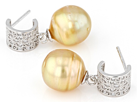 Golden Cultured South Sea Pearl Rhodium Over Sterling Silver Earrings