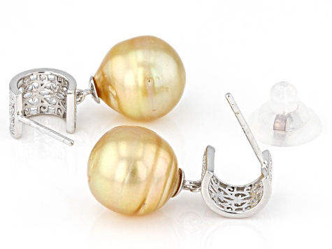 Golden Cultured South Sea Pearl Rhodium Over Sterling Silver Earrings