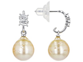 Golden Cultured South Sea Pearl & White Topaz Rhodium Over Sterling Silver Earrings