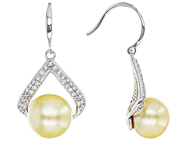 Golden Cultured South Sea Pearl & White Zircon Rhodium Over Sterling Silver  Earrings - MPL905