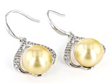 Golden Cultured South Sea Pearl & White Zircon Rhodium Over Sterling Silver Earrings