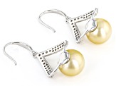 Golden Cultured South Sea Pearl & White Zircon Rhodium Over Sterling Silver Earrings