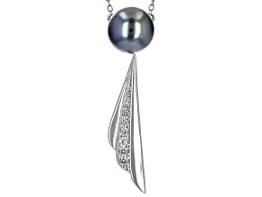 Cultured Tahitian Pearl & White Zircon Rhodium Over Sterling Silver Necklace
