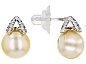 Golden Cultured South Sea Pearl & White Zircon Rhodium Over Sterling Silver Earrings