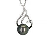 Cultured Tahitian Pearl & White Zircon Rhodium Over Sterling Silver Pendant With Chain 0.24ctw