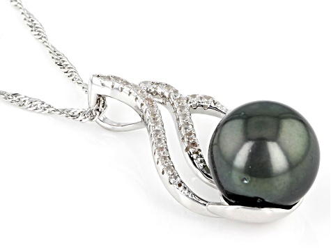Cultured Tahitian Pearl & White Zircon Rhodium Over Sterling Silver Pendant With Chain 0.24ctw