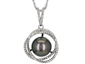 Cultured Tahitian Pearl & White Zircon Rhodium Over Sterling Silver Pendant With Chain 0.94ctw