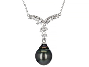 Cultured Tahitian Pearl & White Zircon Rhodium Over Sterling Silver Necklace 0.50ctw