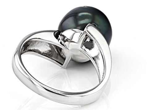 Cultured Tahitian Pearl Rhodium Over Sterling Silver Ring