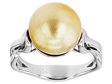 Golden Cultured South Sea Pearl Rhodium Over Sterling Silver Ring