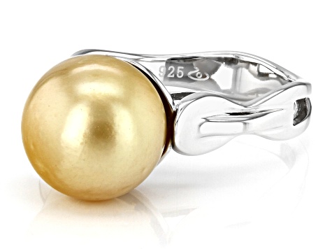 Golden Cultured South Sea Pearl Rhodium Over Sterling Silver Ring