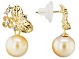 Golden Cultured South Sea Pearl & White Zircon 18k Yellow Gold Over Sterling Silver Earrings