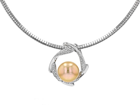 Golden Cultured South Sea Pearl & White Zircon Rhodium Over Silver Pendant With Omega