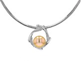 Golden Cultured South Sea Pearl & White Zircon Rhodium Over Silver Pendant With Omega