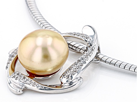 Golden Cultured South Sea Pearl & White Zircon Rhodium Over Silver Pendant With Omega
