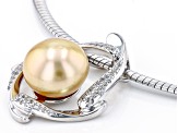 Golden Cultured South Sea Pearl & White Zircon Rhodium Over Silver Pendant With Omega