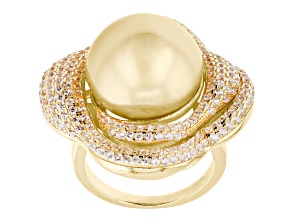Golden Cultured South Sea Pearl & White Zircon 18k Yellow Gold Over Sterling Silver Ring