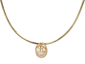 Golden Cultured South Sea Pearl & White Zircon 18k Yellow Gold Over Silver Slide Pendant With Chain
